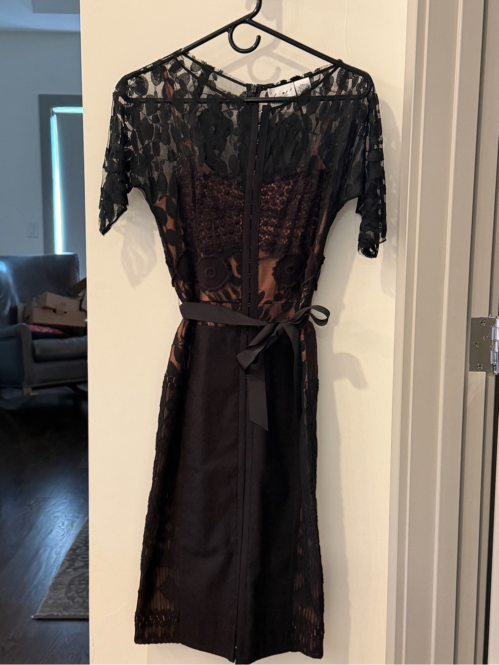 Byron Lars Black Lace Midi Dress with Satin Waist Tie from Anthropologie - Picture 3 of 6